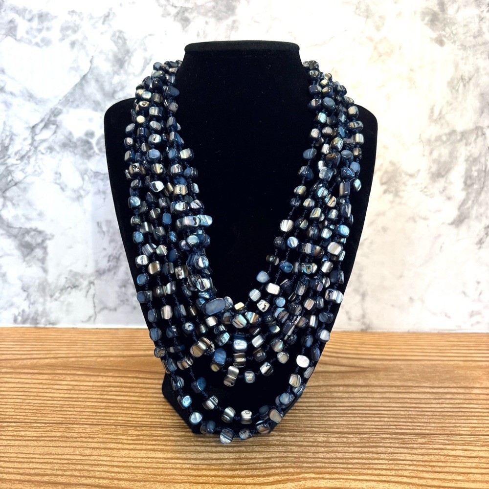 Vintage Blue Natural Seashell Multi-strand Beaded Necklace